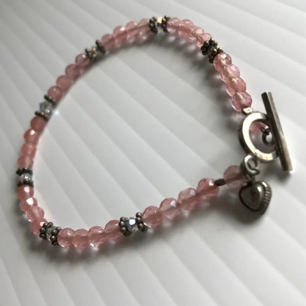 Vintage Handmade Strawberry Quartz Swarovski Crystal Sterling Silver Bracelet